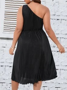 SHEIN Clasi Plus One Shoulder Lettuce Trim Dress - Black - View 2