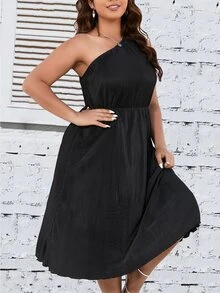 SHEIN Clasi Plus One Shoulder Lettuce Trim Dress - Black - View 3