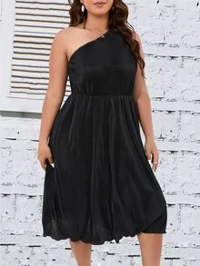 SHEIN Clasi Plus One Shoulder Lettuce Trim Dress - Black - View 6