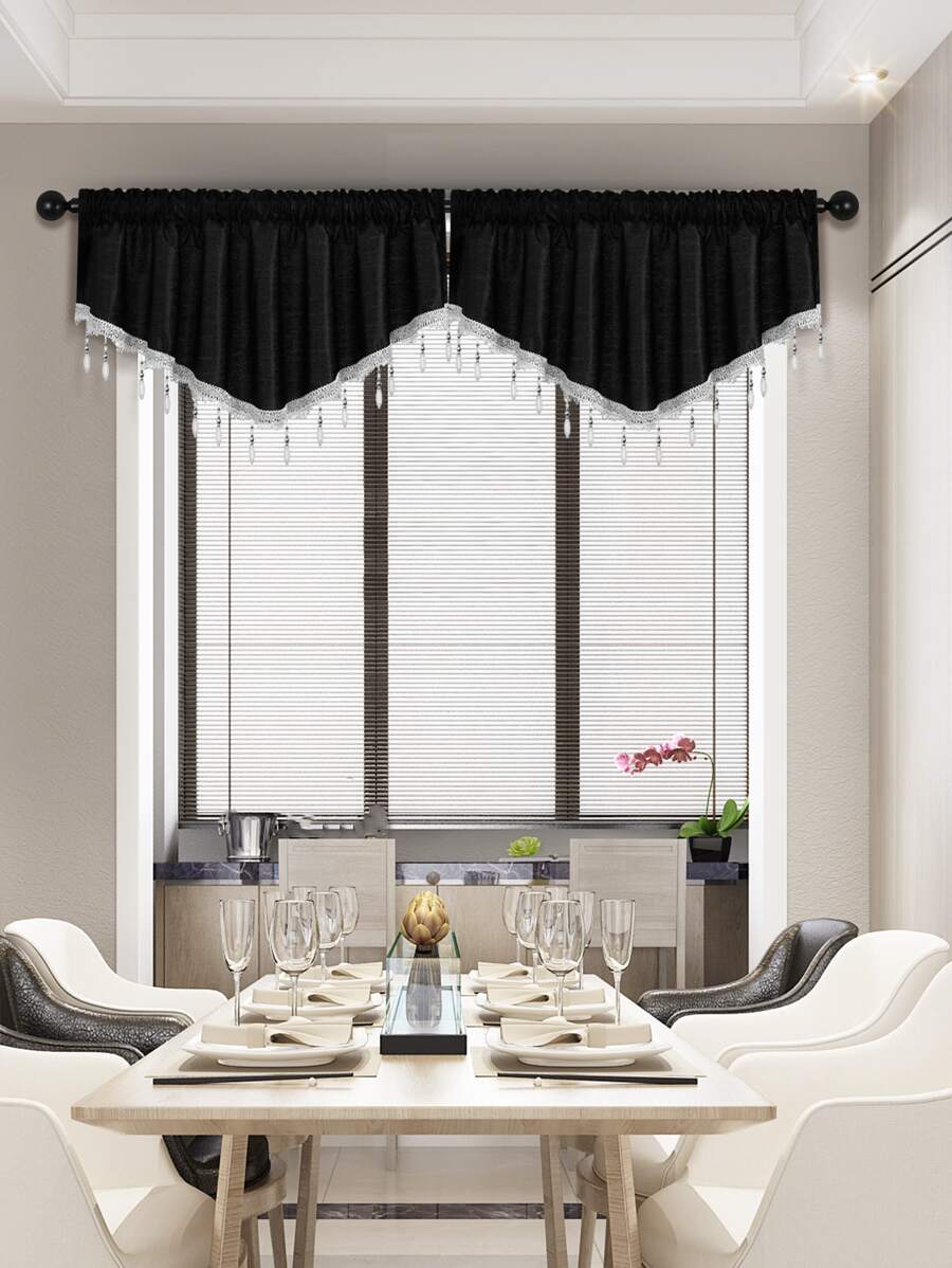 1pc Bead Decor Window Valance, Modern Polyester Black V Shaped Curtain Valance For Home - Black - View 1
