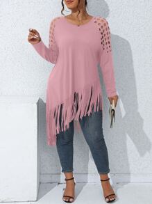 SHEIN LUNE Áo thun Plus size Bất đối xứng Cắt ra mép màu trơn Giải trí - Hồng - Xem 1