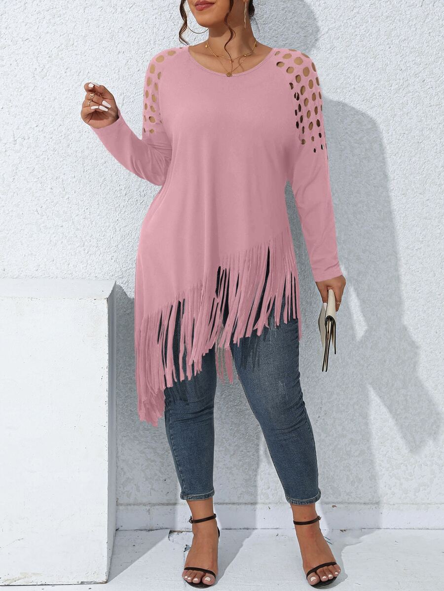 SHEIN LUNE Áo thun Plus size Bất đối xứng Cắt ra mép màu trơn Giải trí - Hồng - Xem 1