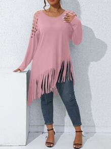 SHEIN LUNE Áo thun Plus size Bất đối xứng Cắt ra mép màu trơn Giải trí - Hồng - Xem 3