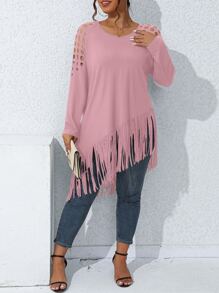 SHEIN LUNE Áo thun Plus size Bất đối xứng Cắt ra mép màu trơn Giải trí - Hồng - Xem 4