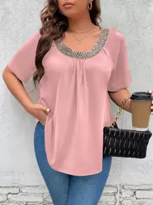 SHEIN Clasi Plus Sequins Trim Curved Hem Tee - Dusty Pink - View 1