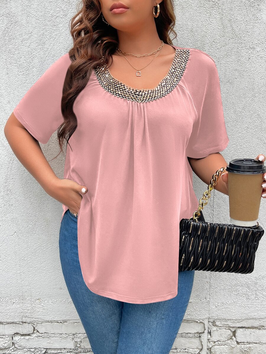 SHEIN Clasi Plus Sequins Trim Curved Hem Tee - Dusty Pink - View 1