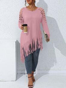 SHEIN LUNE Áo thun Plus size Bất đối xứng Cắt ra mép màu trơn Giải trí - Hồng - Xem 5