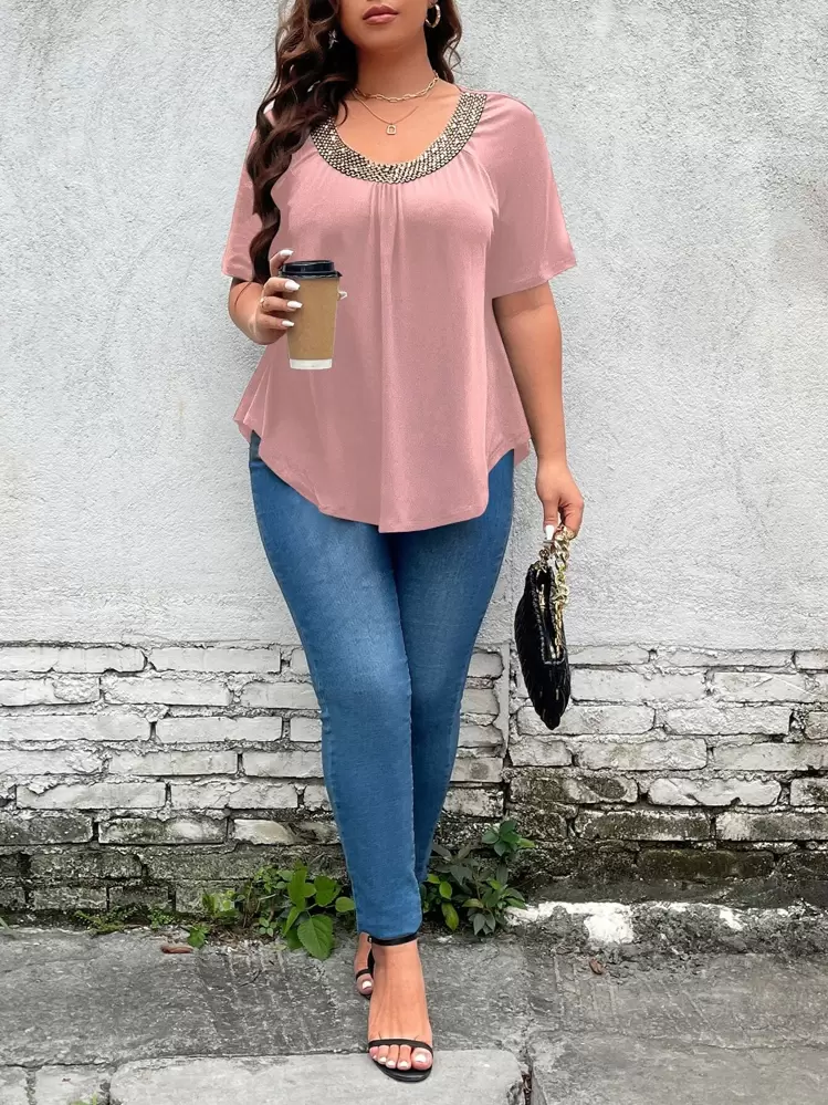 SHEIN Clasi Camiseta con lentejuelas ribete bajo curvo - Rosa vieja - Ver 3