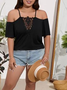 SHEIN Clasi Áo thun Plus size Tương phản ren màu trơn Giải trí - màu đen - Xem 7