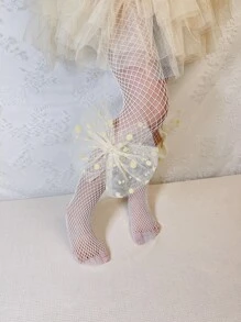 小女童人造珍珠和蝴蝶結裝飾漁網褲襪 - 白色 - 查看 1