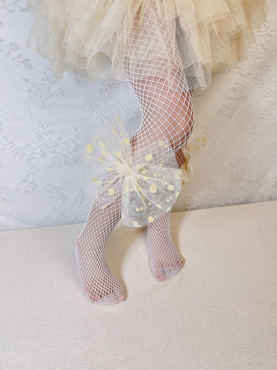 小女童人造珍珠和蝴蝶結裝飾漁網褲襪 - 白色 - 查看 1