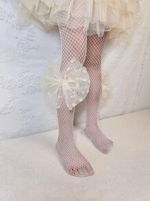 小女童人造珍珠和蝴蝶結裝飾漁網褲襪 - 白色 - 查看 2