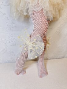 小女童人造珍珠和蝴蝶結裝飾漁網褲襪 - 白色 - 查看 3
