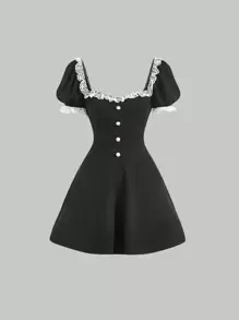 SHEIN MOD Contrast Lace Button Front Puff Sleeve Dress - Black - View 1