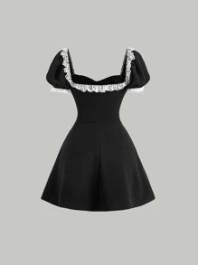 SHEIN MOD Contrast Lace Button Front Puff Sleeve Dress - Black - View 2