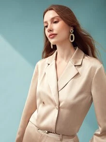 MOTF PREMIUM 緞面細條紋西裝外套襯衫 - 杏色 - 查看 3