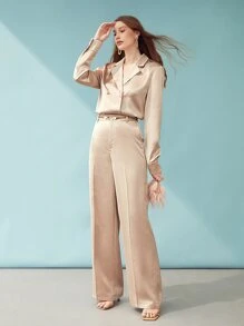 MOTF PREMIUM 緞面細條紋西裝外套襯衫 - 杏色 - 查看 4