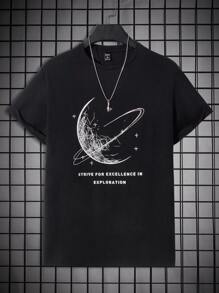 Manfinity RebelGame Men Slogan & Moon Print Tee - Black - View 1