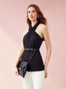 MOTF PREMIUM 交叉繞頸腰帶上衣 - 黑色 - 查看 4
