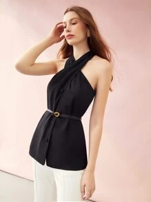 MOTF PREMIUM 交叉繞頸腰帶上衣 - 黑色 - 查看 5