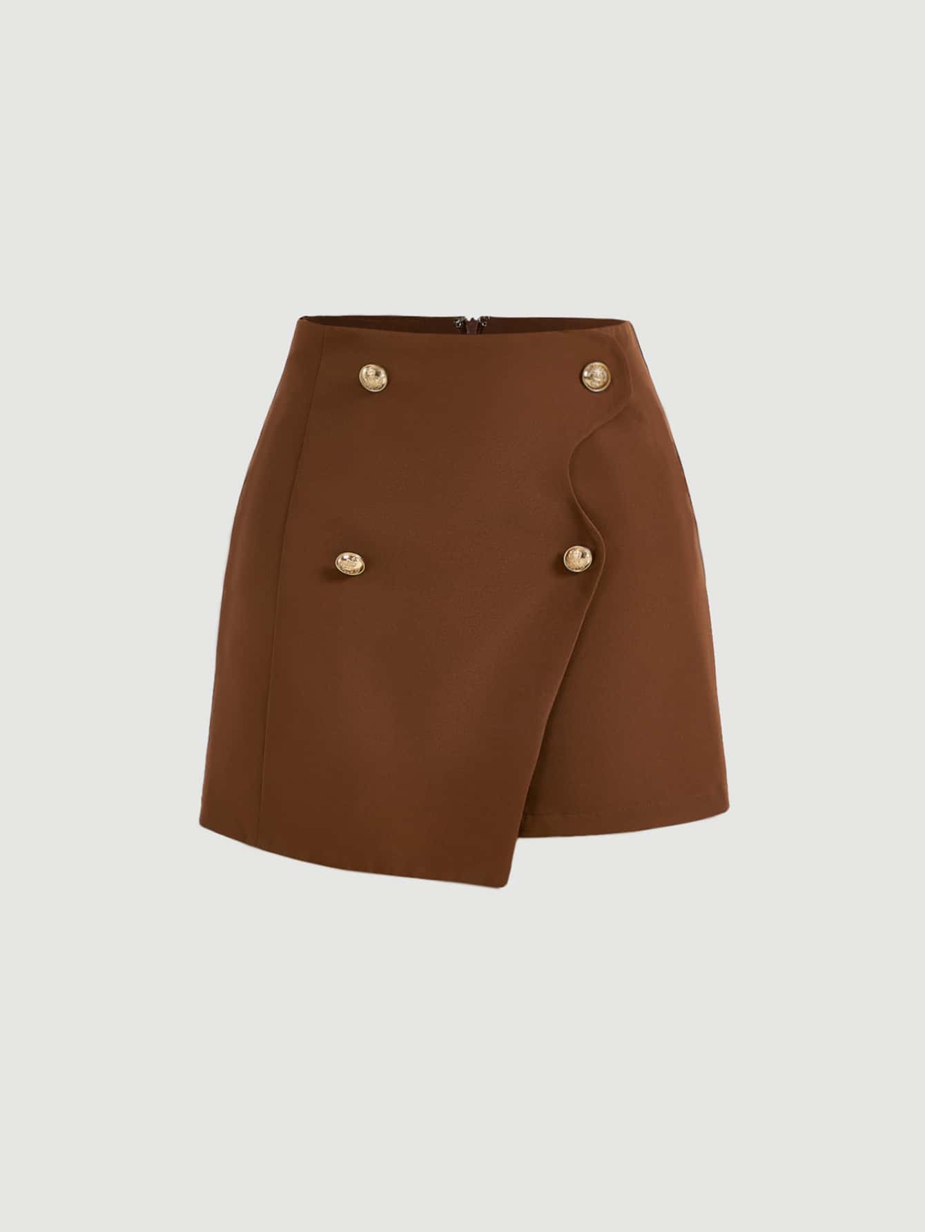 SHEIN MOD 高腰紐扣細節裹身裙 - 咖啡棕 - 查看 1