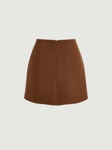 SHEIN MOD 高腰紐扣細節裹身裙 - 咖啡棕 - 查看 2