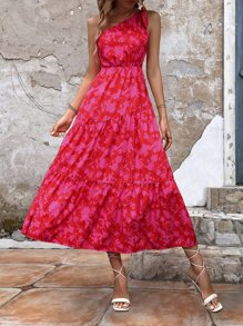 Breezaya Vestido con estampado floral de un hombro bajo con fruncido - Rojo - Ver 1