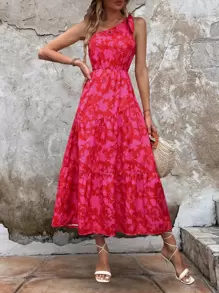 Breezaya Vestido con estampado floral de un hombro bajo con fruncido - Rojo - Ver 6