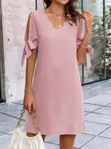 SHEIN Clasi 貝殼邊打結袖口珍珠串珠開衩袖連衣裙 - 粉色 - 查看 4