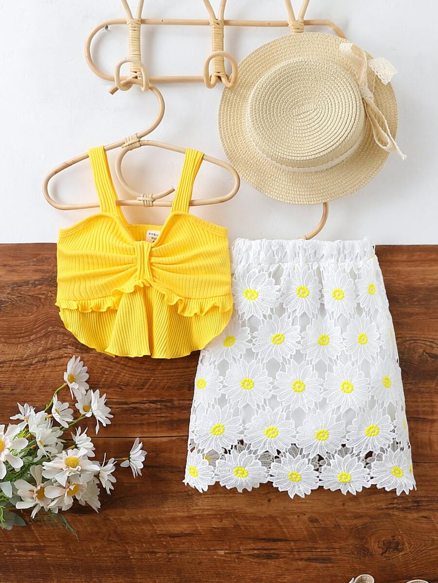 SHEIN Cô Gái Trẻ Viền mặt trước Cami ngọn & Ren hoa Che phủ Váy - Nhiều màu - Xem 1