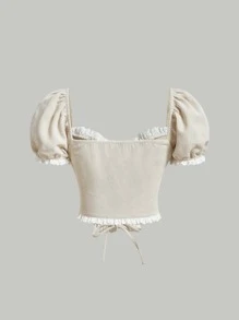 SHEIN MOD Áo sơ mi nữ viền lá sen Ren lên Thùa khuyết màu trơn Thanh lịch - Màu be - Xem 2