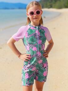 Girls Tropical Print Zipper Front One Piece Swimsuit - Multicolor - View 3