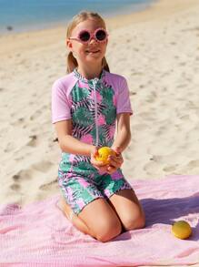 Girls Tropical Print Zipper Front One Piece Swimsuit - Multicolor - View 6