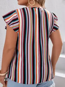 SHEIN VCAY 大碼塊狀條紋蝴蝶袖襯衫 - 彩色 - 查看 3
