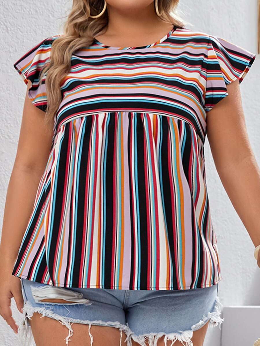 SHEIN VCAY 大碼塊狀條紋蝴蝶袖襯衫 - 彩色 - 查看 1