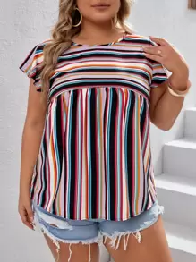 SHEIN VCAY 大碼塊狀條紋蝴蝶袖襯衫 - 彩色 - 查看 6