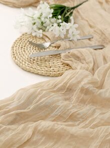 1pc Beige Table Runner, Polyester Pleated Detail Kitchen Table Runner For Home - Beige - View 2