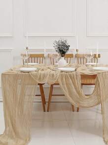 1pc Beige Table Runner, Polyester Pleated Detail Kitchen Table Runner For Home - Beige - View 3