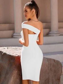 ADYCE One Shoulder Backless Split Thigh Bodycon Midi Elegant Cocktail Party Bandage Dress, White Semi Formal Dress, For Birthday, Wedding Guest, Graduation Homecoming - White - View 2