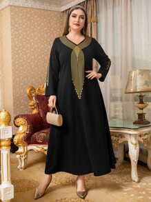 Al Najma Plus Striped Print Maxi Modest Long Sleeve Dress Kaftan Jalabiya Dress