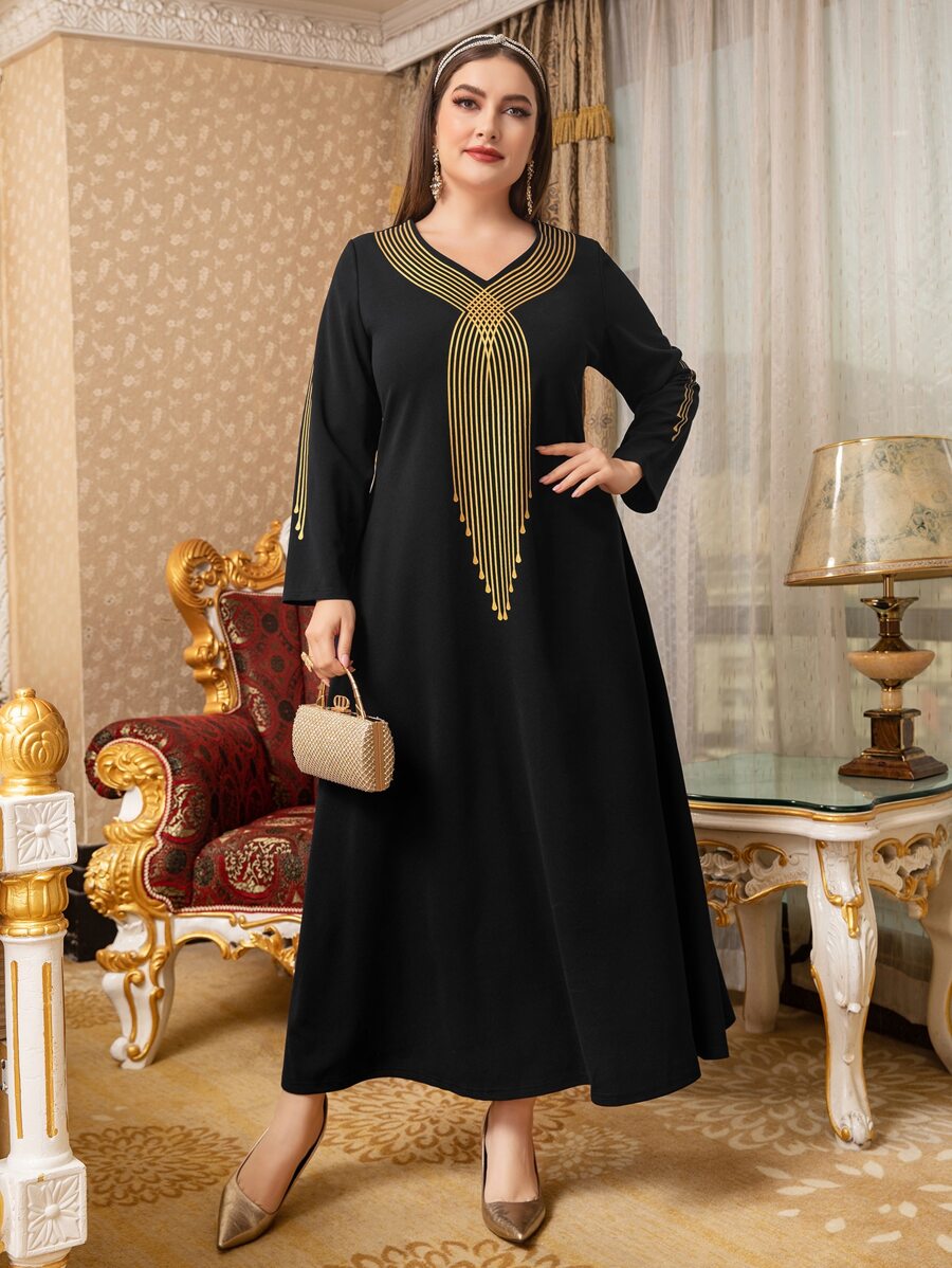 Al Najma Plus Striped Print Maxi Modest Long Sleeve Dress Kaftan Jalabiya Dress