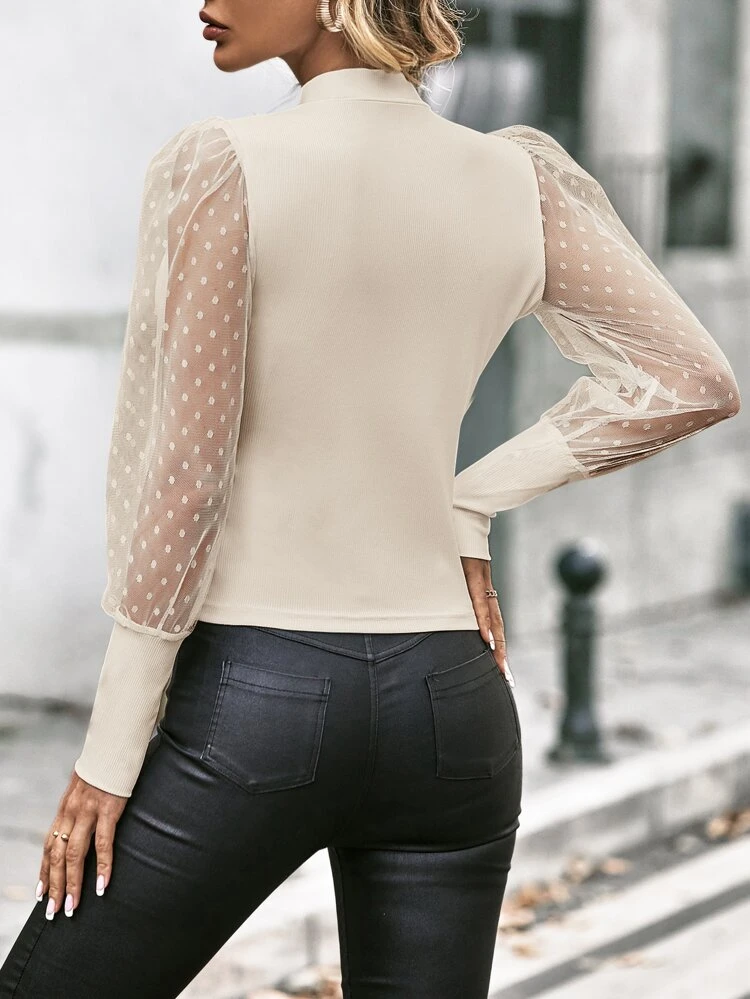 Contrast Dobby Mesh Sleeve Mock Neck Tee