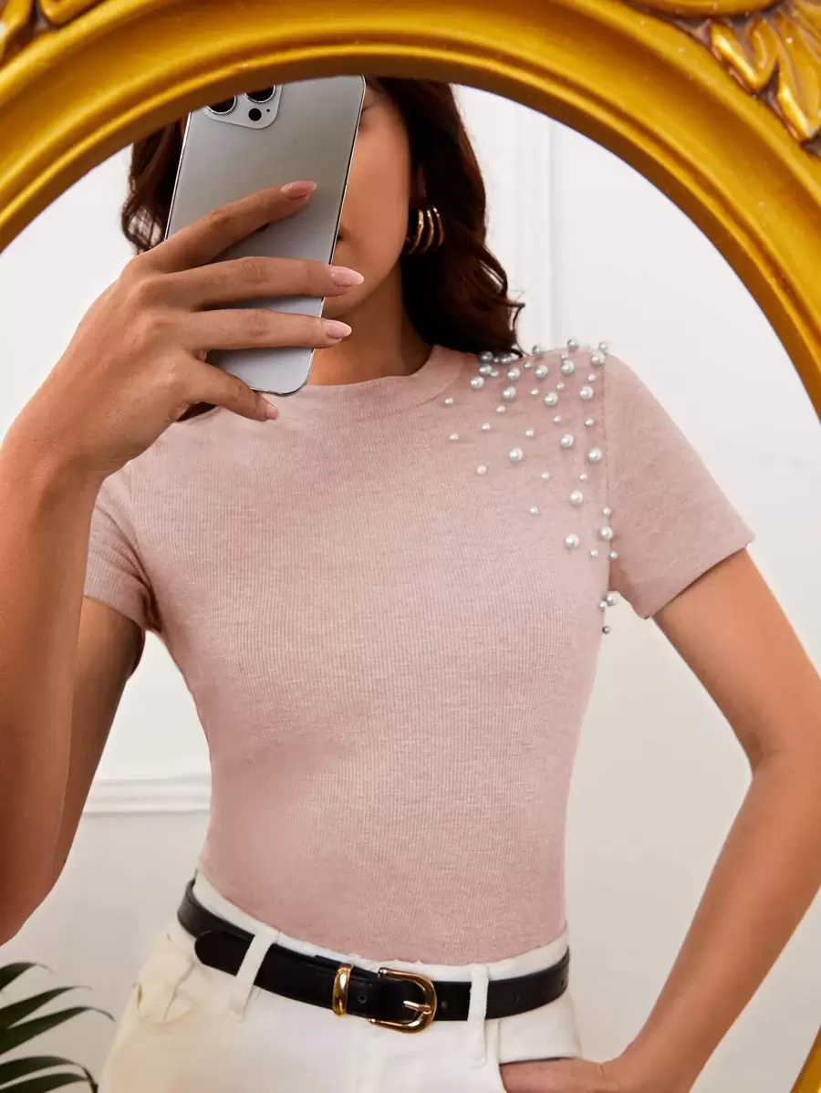 SHEIN Privé Pearls Beaded Stand Neck Tee - Dusty Pink - View 1