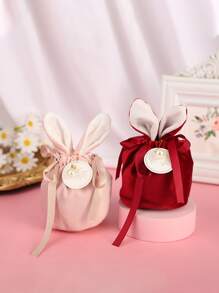1 pieza Bolsa de regalo roja, bolsa de regalo con detalle de cordón de poliéster con diseño creativo de Orejas de conejo para boda, fiesta - Burdeos - Ver 3