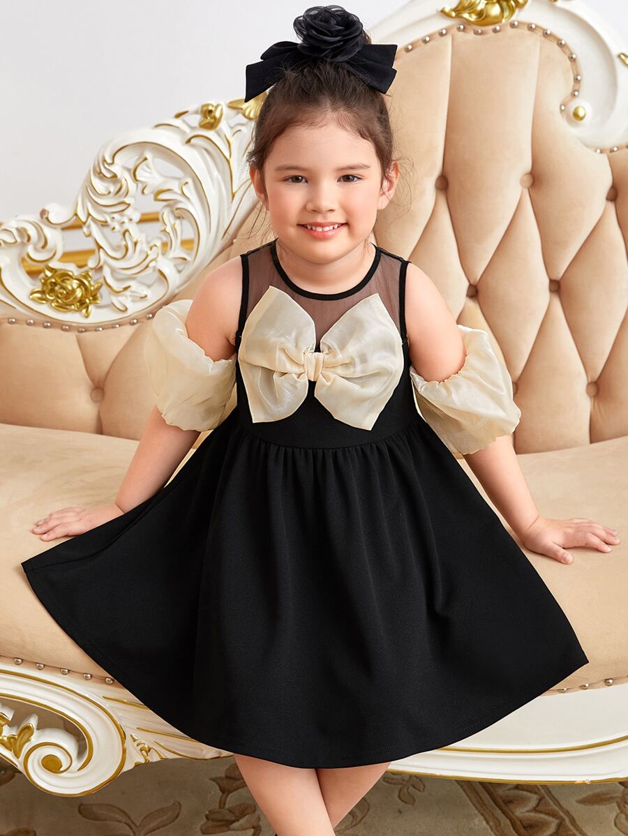 SHEIN Toddler Girls Cold Shoulder Bow Front Contrast Mesh Dress - Black - View 1