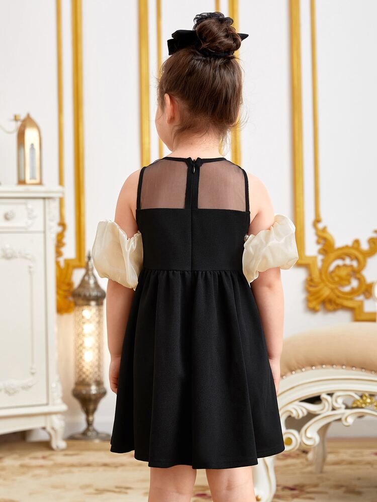 SHEIN 小女童挖肩前蝴蝶結網紗拼接洋裝 - 黑色 - 查看 2