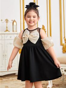 SHEIN Toddler Girls Cold Shoulder Bow Front Contrast Mesh Dress - Black - View 3
