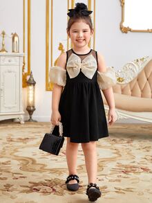 SHEIN Toddler Girls Cold Shoulder Bow Front Contrast Mesh Dress - Black - View 4