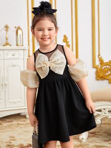 SHEIN Toddler Girls Cold Shoulder Bow Front Contrast Mesh Dress - Black - View 5