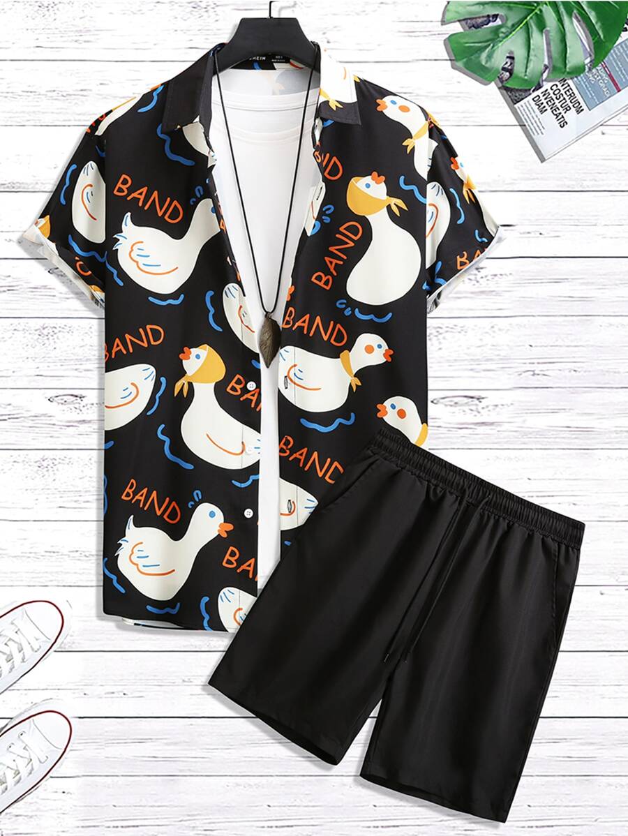 Manfinity 男士字母和卡通圖案襯衫和短褲